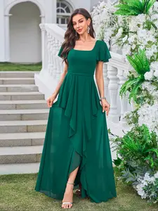 Women's Elegant Square Neck Ruffle Hem Maxi Dress, High Slit Evening Gown, Three Quarter Sleeves, Plain Pattern, All Seasons