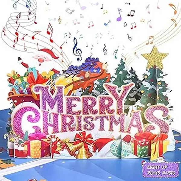Musical Christmas Card, 3D Christmas Pop Up Cards with Lights and Music of Merry Christmas, Double-Sides Pattern Design Holiday Greeting Card for Christmas Winter