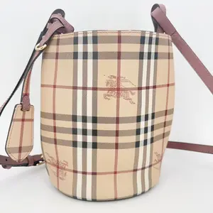 Pre-owned BURBERRY leather Shoulder Bags Haymarket Check Colours Small Lorne Bucket Crossbody Camel 2222