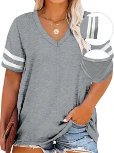 Plus Size Contrast Striped Print V Neck Knit Tee, Casual Short Sleeve Fitted T-shirt for Summer, Women's Plus Clothing for Daily Wear, Cute Tops, Womenswear