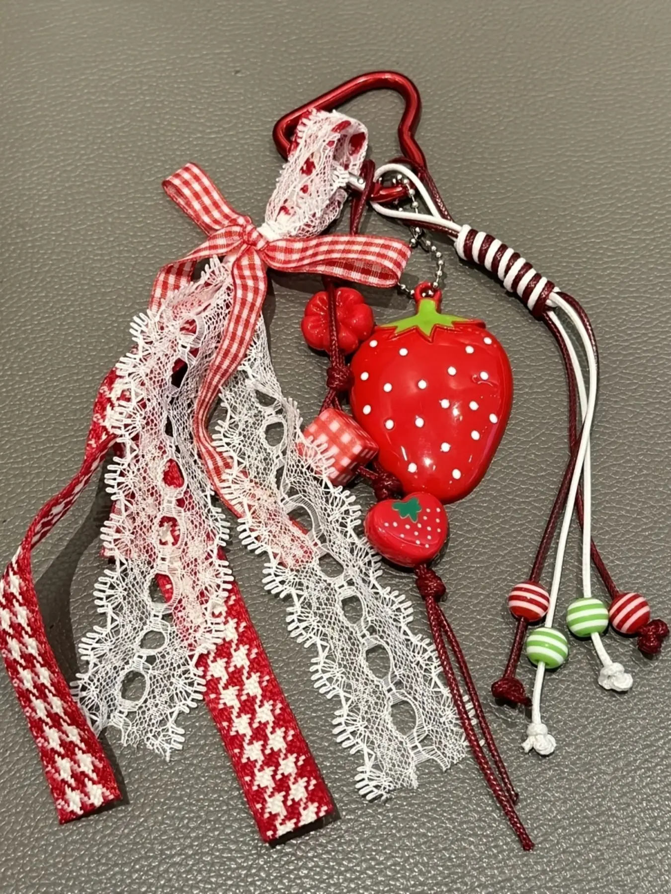 Coquette Red Strawberry Keychain Lace Plaid Ribbon Bow Bag Charm Fruit Pendant Keyring Lace & Beaded Tassel Key Chain Heart Carabiner Backpack Pendant Bag Accessory Woven Lanyard Handbag Charms Car Key Holder Key Ring Gift, Key Chain Decorations