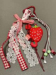 Coquette Red Strawberry Keychain Lace Plaid Ribbon Bow Strawberry Bag Charm Fruit Strawberry Pendant Keyring Lace & Beaded Tassel Key Chain Heart Carabiner Backpack Pendant Bag Accessory Woven Lanyard Handbag Charms Car Key Holder Aesthetic Key Ring Gift