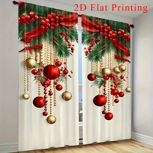 2 Pieces Holiday Christmas Curtains - 2D Flat Printing, Polyester, Red and Gold Holiday Decoration, with Gold Balls, Red Bows, and Green Leaves, Perfect for Bedrooms, Living Rooms, and Dining Rooms (Rod Not IncVaRotLifelike Silicone Chfoldable metal stand