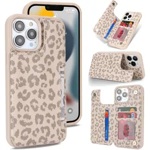 Compatible with iPhone 13 Pro Max Phone Case with Card Holder, Wallet Case for Women Men RFID Blocking PU Leather Protective Case 6.7 Inch (Beige Leopard)