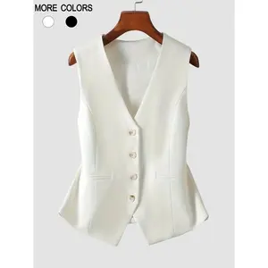 Women’s new solid-color button-front V-neck vest blazer; spring and autumn casual sleeveless vest jacket; women’s everyday wear; stylish V-neck women’s clothing