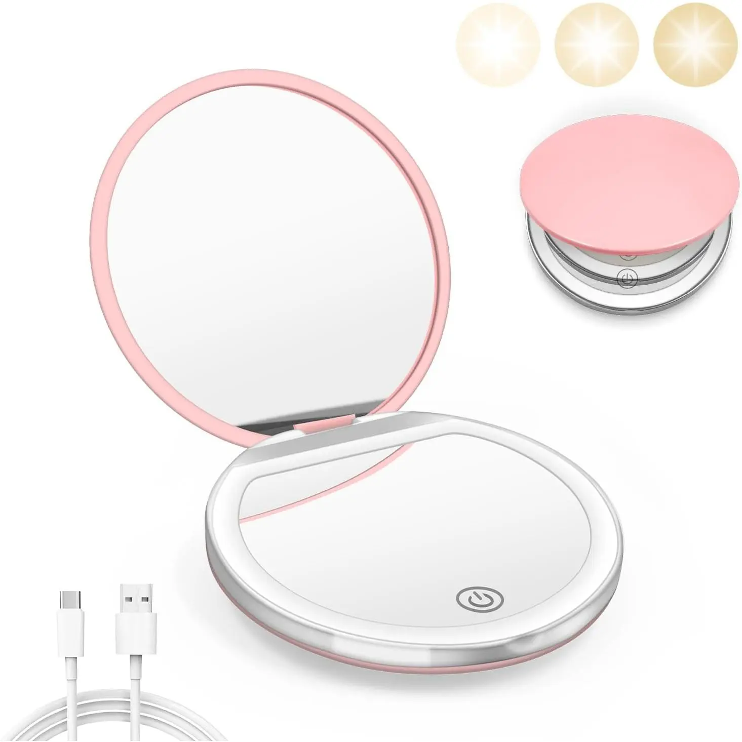 Compact Mirror with Light, 1X/3X Magnification LED Pocket Mirror with USB Data ,Mini Mirror for Purse, Pocket,Travel and Present (Pink)