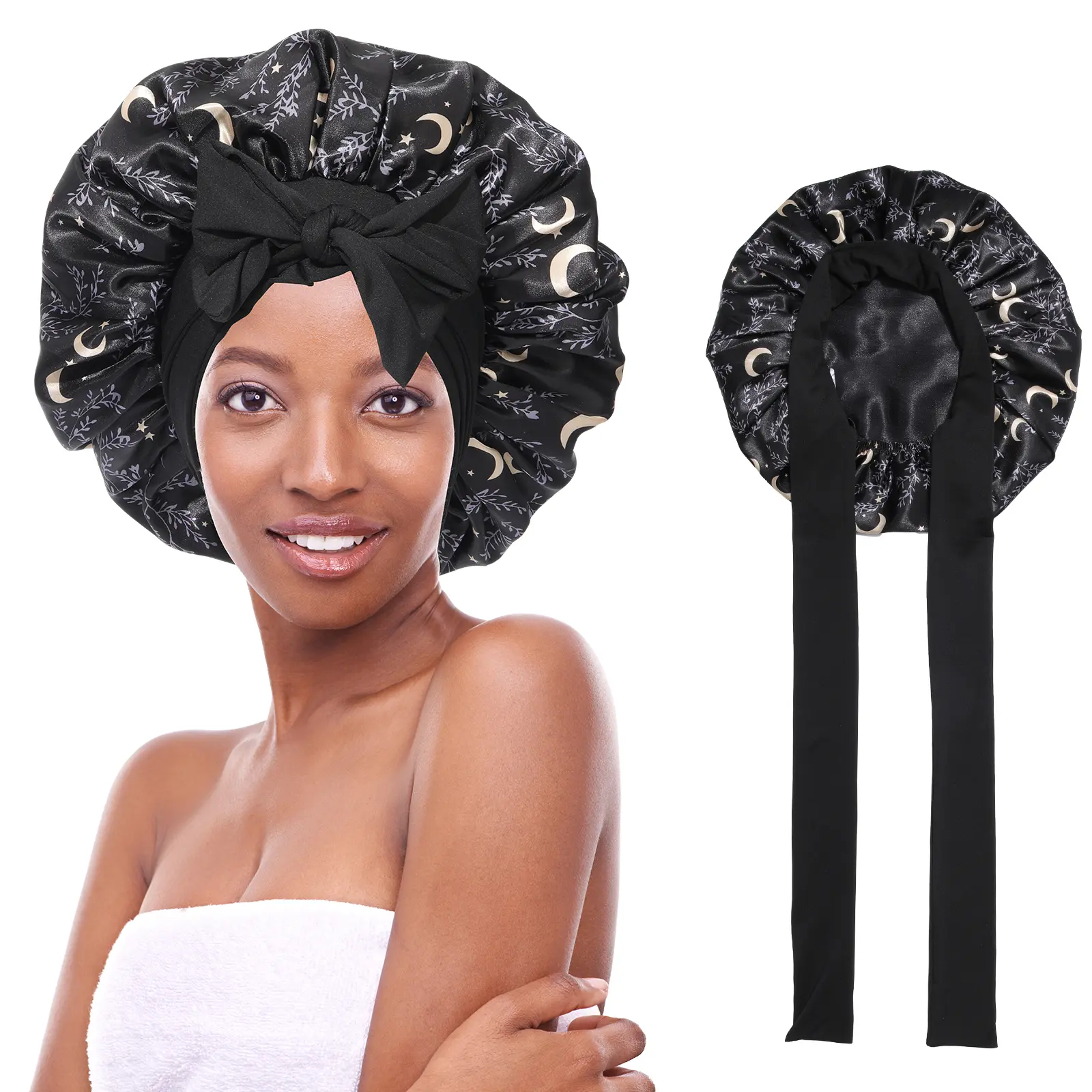 AWAYTR Reversible Double Layer Satin Bonnet for Women Silk-Like Bonnets for Sleeping Curly Hair Bonnet with Elastic Tie Band Sleep Cap Hair Wrap