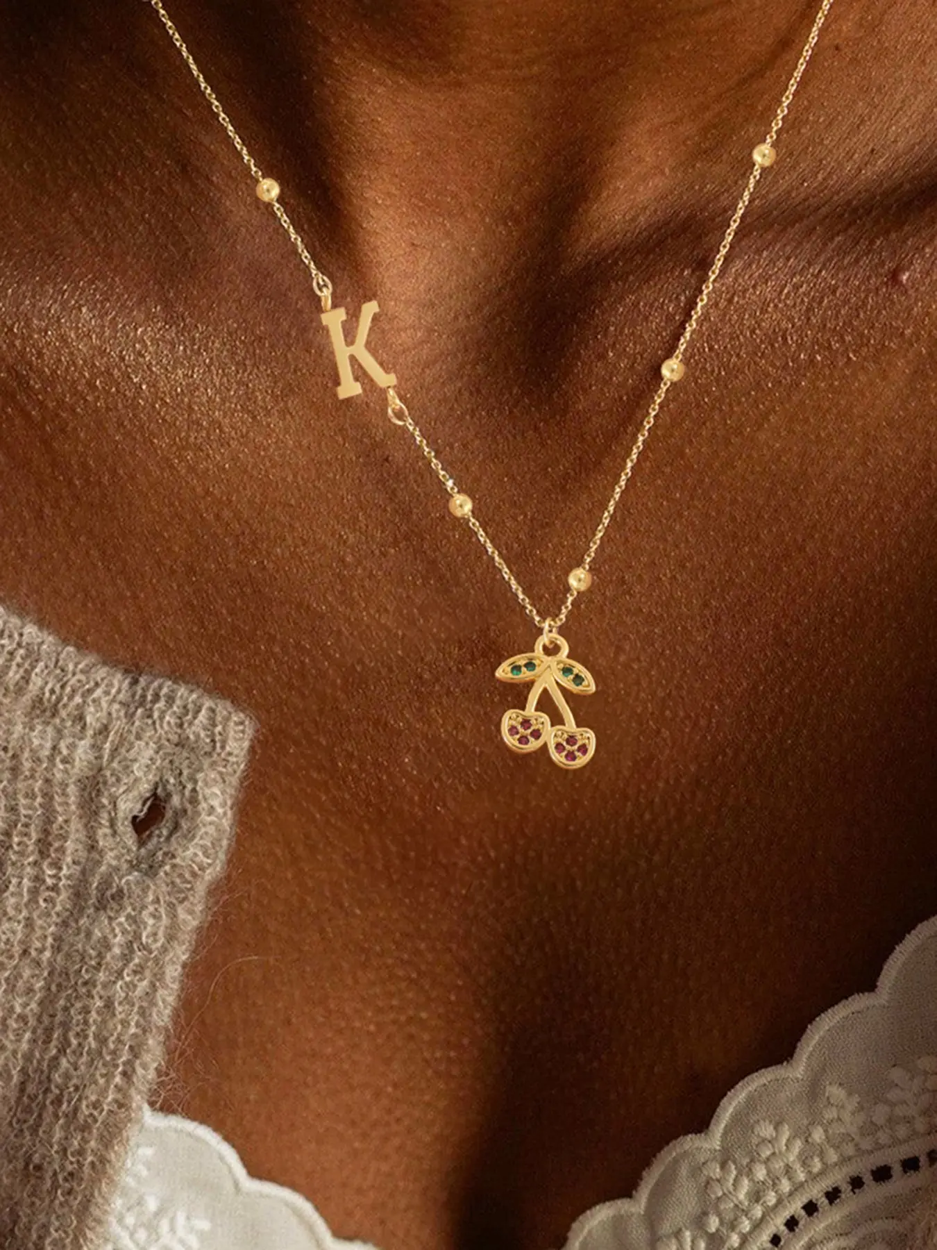 Women's Elegant Stainless Steel Necklace, Letter Pattern Zircon Cherry Pendant, Sweet Fashion Jewelry for All Seasons