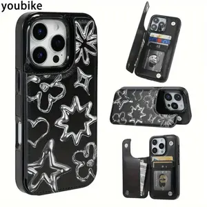 Silver Star & Heart Wallet Phone Case for iPhone 17/16/15/14/13/12 Pro Max/Pro/Plus/Air – PU Leather Card Holder