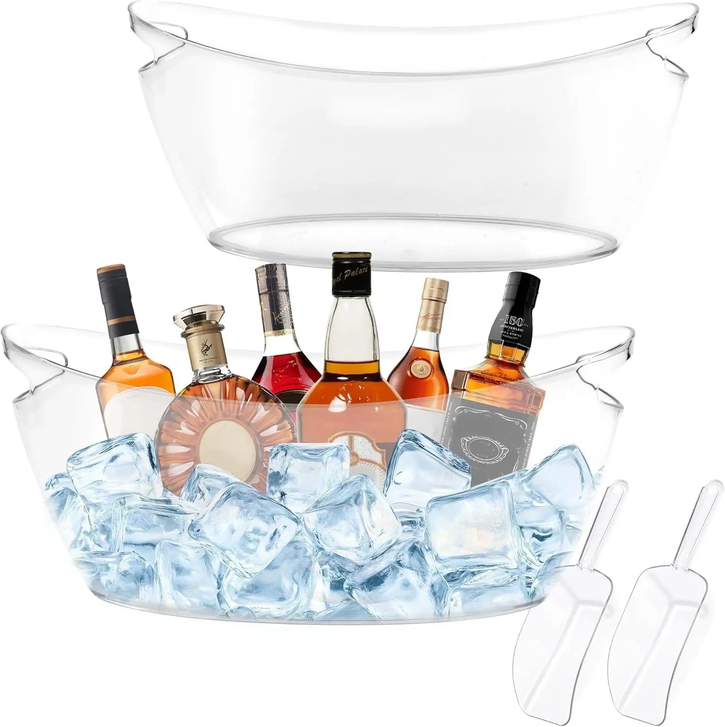 Acrylic Champagne Bucket Set of 2 6.5L Large Ice Bucket with Ice Scoop & Bottle Opener Clear Drink Tub for Wedding Bar Pool Party Beer & Wine Chilling (White-A)