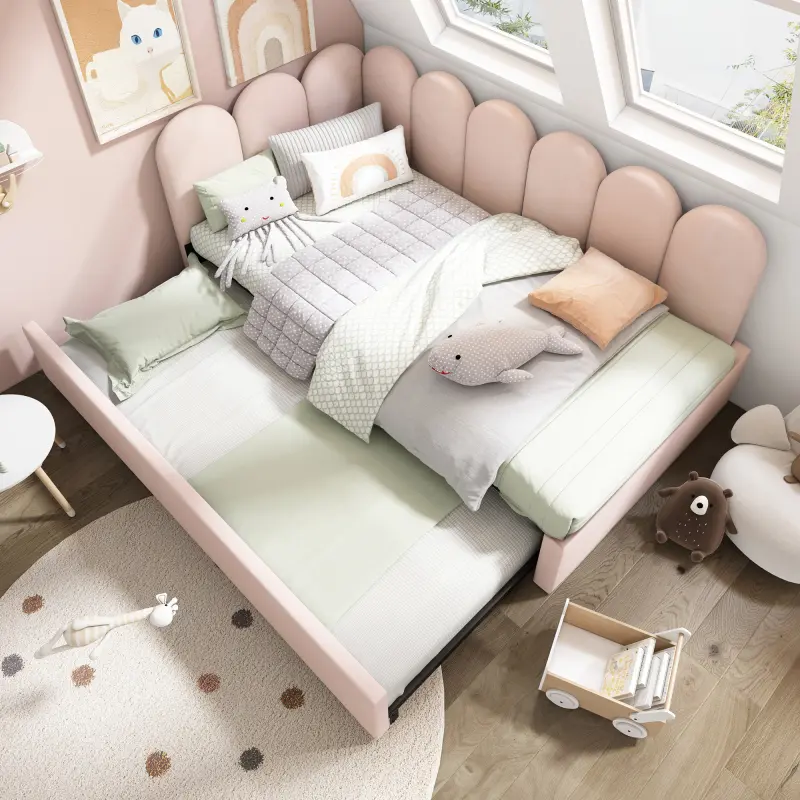 Twin Size Bed with Trundle, Modern Upholstered Twin Platform Bed Frame, Floor Sofa Daybed with Metal Slat Support, Low Bed Frame with Headboard/Twin, Pink
