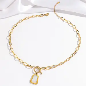 Necklace for Women Stainless Steel Sweater Chain OT Buckle Clavicle Chain White Shell Square Pendant Titanium Steel Necklace