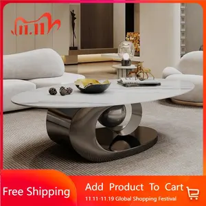 Elegant Oval Stone Coffee Table™ - Modern Polished Stone Top & Sturdy Gray Metal Base - Versatile Aesthetic for Living Room - Low Maintenance & Trendy Design - 49.2x27.6x15.8 inches