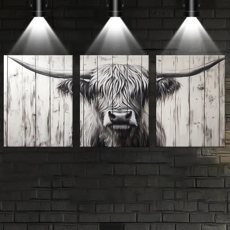 3pcs Artistic Wood-Framed Highland Cattle Animal Portrait Canvas Poster Wall Art, Ready to Hang, Modern Home Decor for Bedroom, Office, Posters & Prints