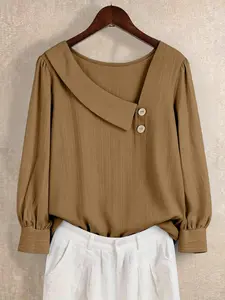Plus Size Plain Fake Buttons Asymmetrical Neck Blouse, Casual Elegance Bishop Sleeve Top for Summer, Women's Plus Clothing for Daily Wear, Everyday