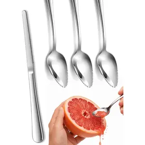 4 Pcs Stainless Steel Grapefruit Tool Set, 1 Serrated Grapefruit Knife and 3 Fruit Spoons, Professional Citrus Peeler and Corer for Kiwi, Orange, and Melon, Mirror Polished Kitchen Utensil Set