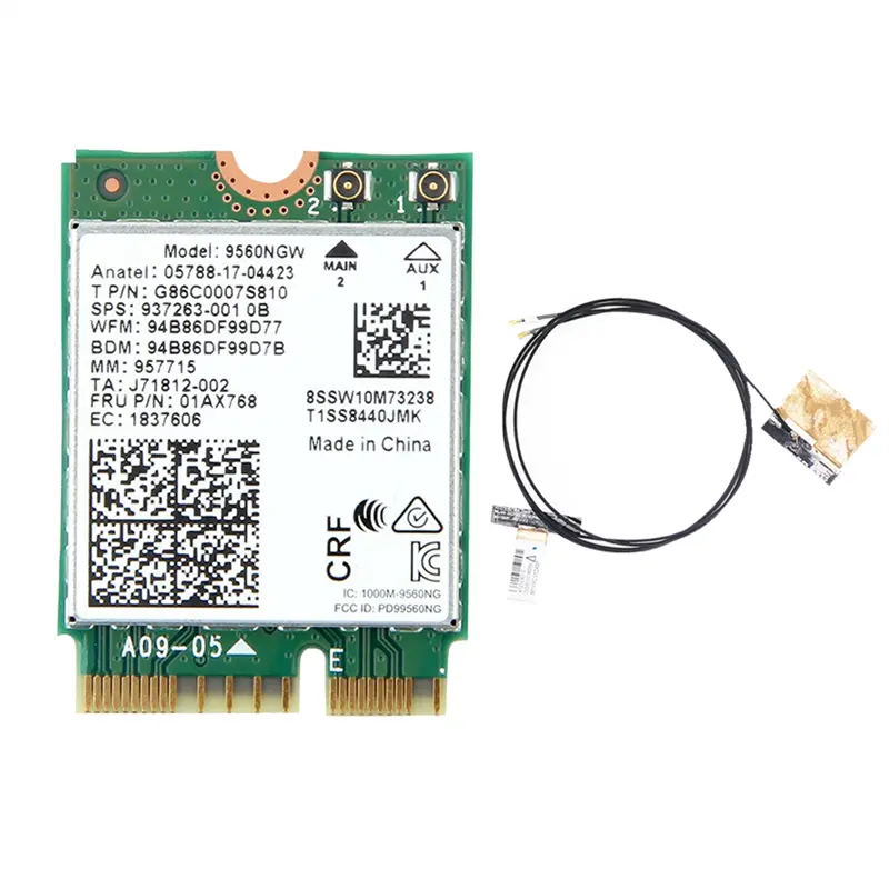 9560NGW M.2 CNVI WiFi Adapter with Antenna Diversity, 1 x WiFi Card, 2 x Antenna, 1730Mbps Wi-Fi + BT 5.0, Dual Band 2.4G-5G, 802.11ac M.2 Connector
