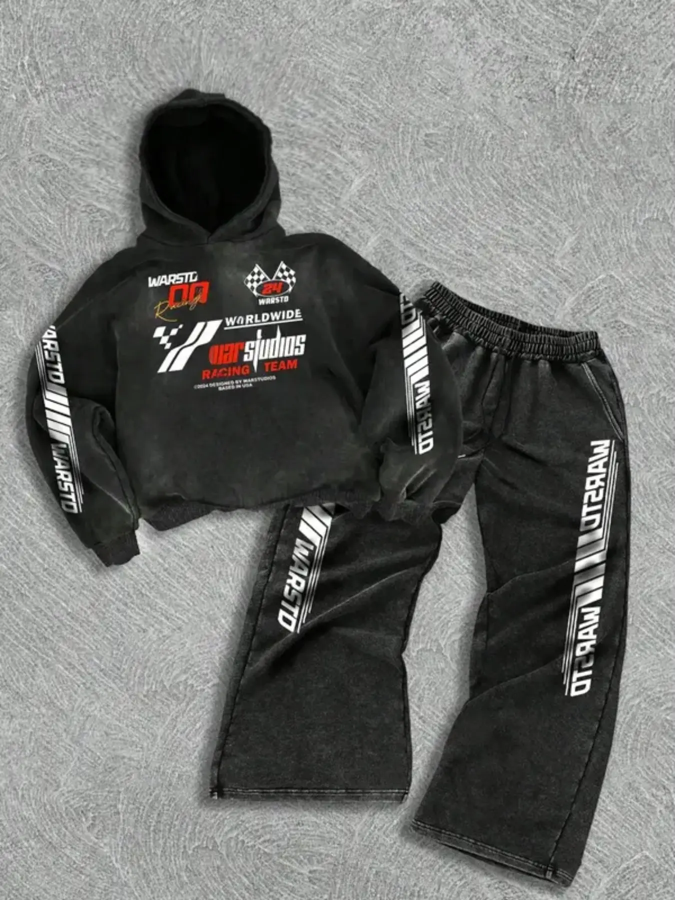 Oversized Racing Team Graphic Tracksuit Set | Black Vintage Washed Hoodie & Wide-Leg Pants | Bold "War Skids" Logo & Side Stripe Details | Unisex Streetwear Outfit for Viral TikTok Car Culture Looks