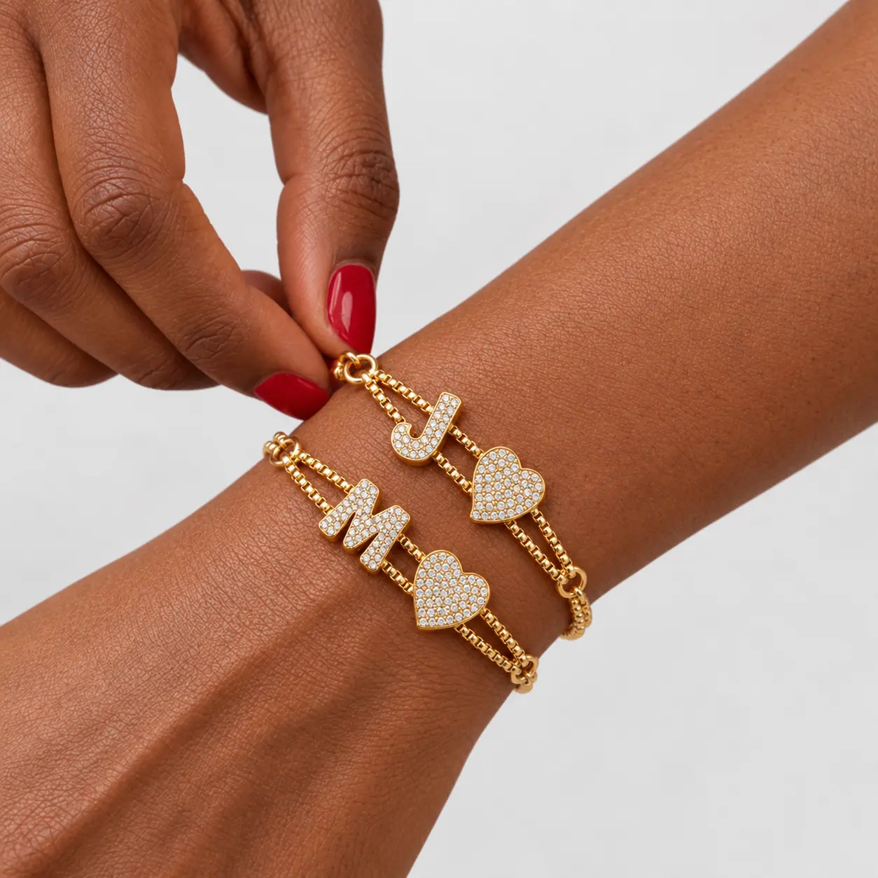 Women's Adjustable Size Letters+Hearts CZ Bracelet - Gold-Plated Double-Chain Personalized Casual Everyday Wear Unisex Gift for Loved Ones