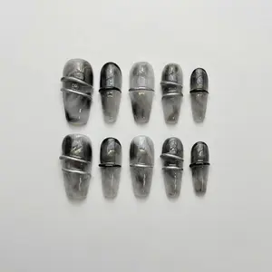 Grey Smoke Dark Press On Nails | 3D Gothic Long Coffin Fake Nails | Gel Look Nail