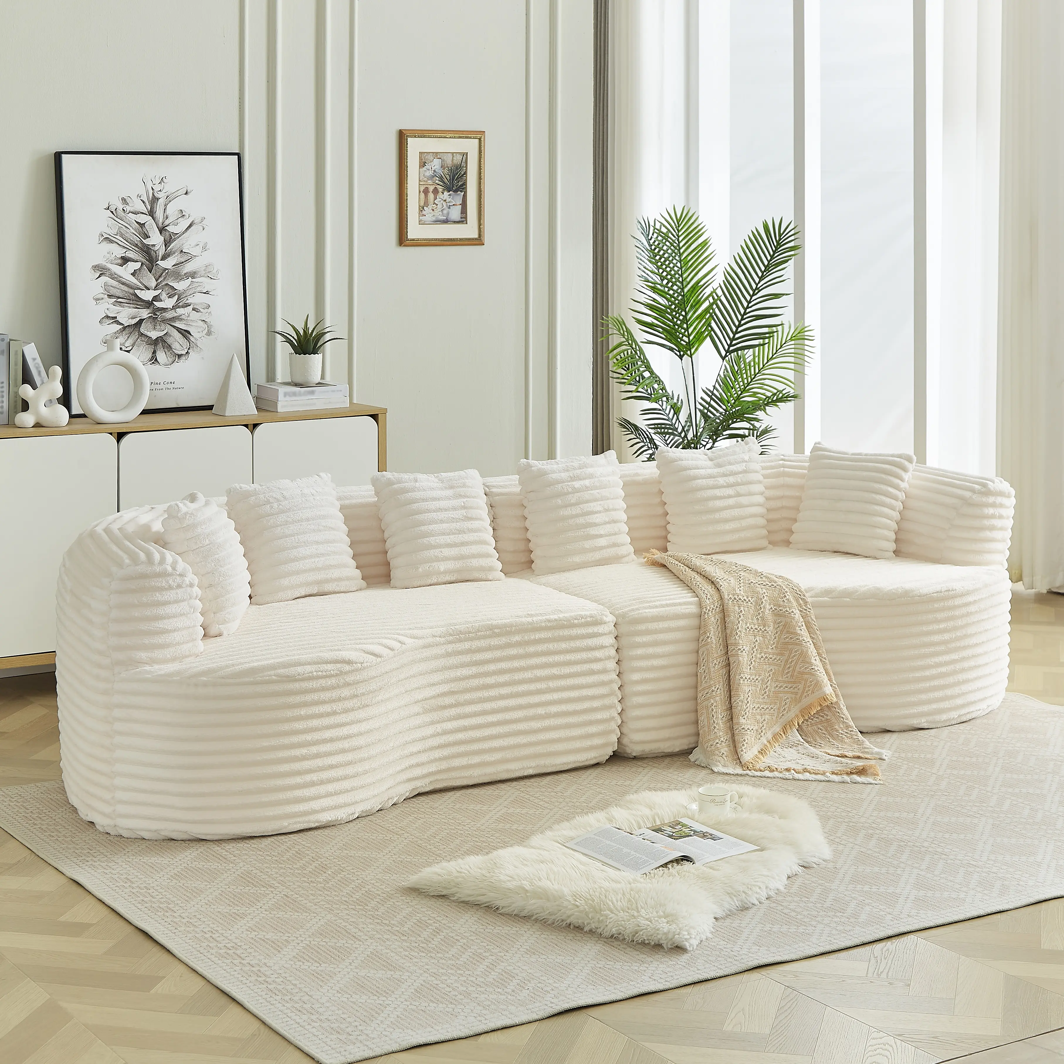 111.5" Rounded Oversized Curved Sectional Sofa - Cloud-Like Corduroy 4-Seater Modular Couch, Deep Seats Memory Foam, 6 Throw Pillows, Ready-to-Use Modern Plush Indoor Living Room Furniture
