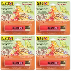 BALMSHOT Raspberry Lip Balm 4-PACK -- $5.50 each (SAVE 15%) -- Real Shotgun Shell Design, Non-Lethal Dispenser, USA Made, Double Barrel Sunscreen to Prevent Sun & Windburn, Smooth Flavor, Great Gift, Loaded with Aloe