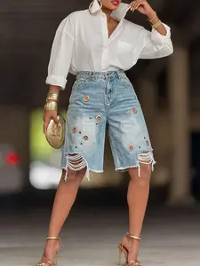 GLOURI Women's Light Wash Denim Jorts - Grommet Detail & Raw Hem| Relaxed Oversized Fit For Music Festivals, Beach Days & Casual Hangouts| Edgy Streetwear Vibe For Effortlessly Cool,  Looks