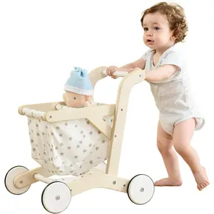 Baby Push Walker Doll Stroller Push Toy for Toddler Shopping Cart for Girls and Boys 1 Year Old Kids Stand Learning Walker Wooden Play Wagon with Wheel Larger Size 15.2 * 18.7 * 19.7