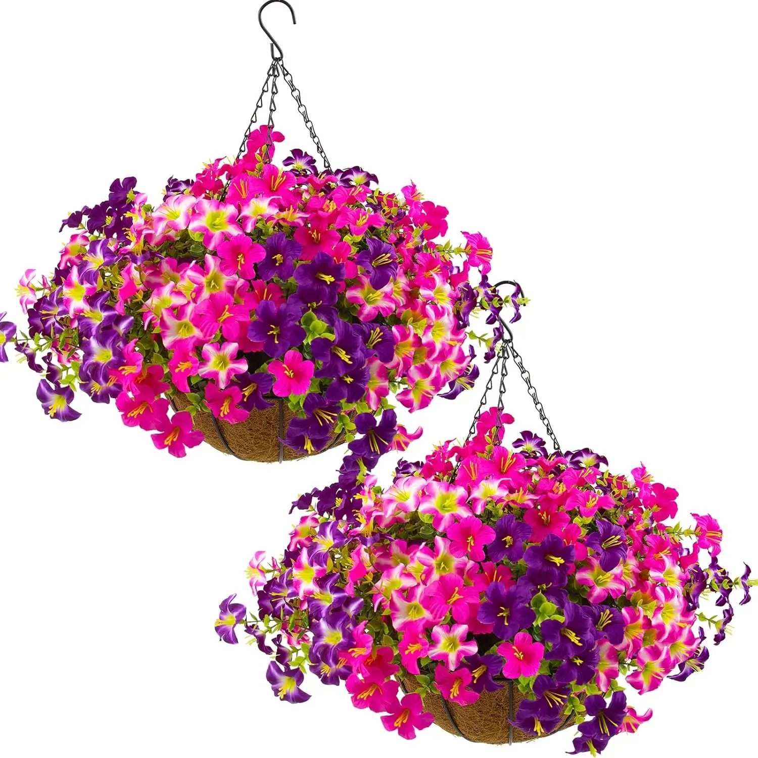 2 sets of artificial outdoor petunias with hanging baskets; 24 UV-resistant synthetic petunias in hanging pots. Ideal for spring outdoor decoration on the front porch. Hanging Flower Pots, Decorative Flower Pot (2 sets, rose red and purple-red)