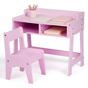 Karlhome 24" Compact Kids Study Desk Chair Set MDF Table with 2 Storage Compartments in Pink Color for Children's Room