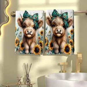 Bathroom hand towel with a cow and sunflower pattern and bow, made of soft polyester fiber, machine washable, rectangular, suitable for beach parties.