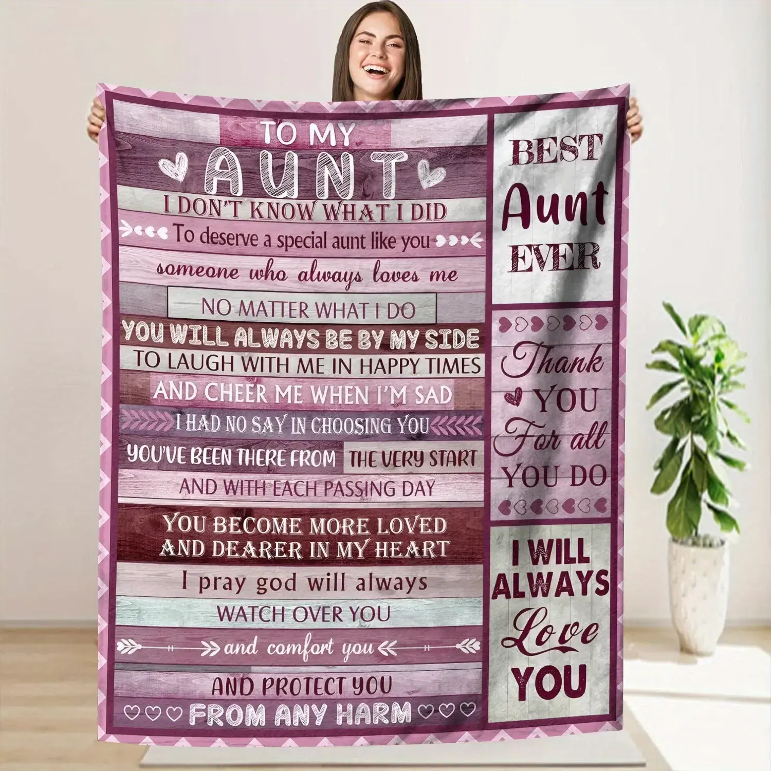 Best Aunt Ever Gift for Aunt Soft Cozy Flannel Blanket - Purple Wood Grain Sentimental Love Letter Print Plush Throw, Warm Fuzzy Bedroom Sofa Blanket, Perfect Mother's Day Birthday Christmas Gift for Aunt from Niece Nephew Women Home Decor,summervibes