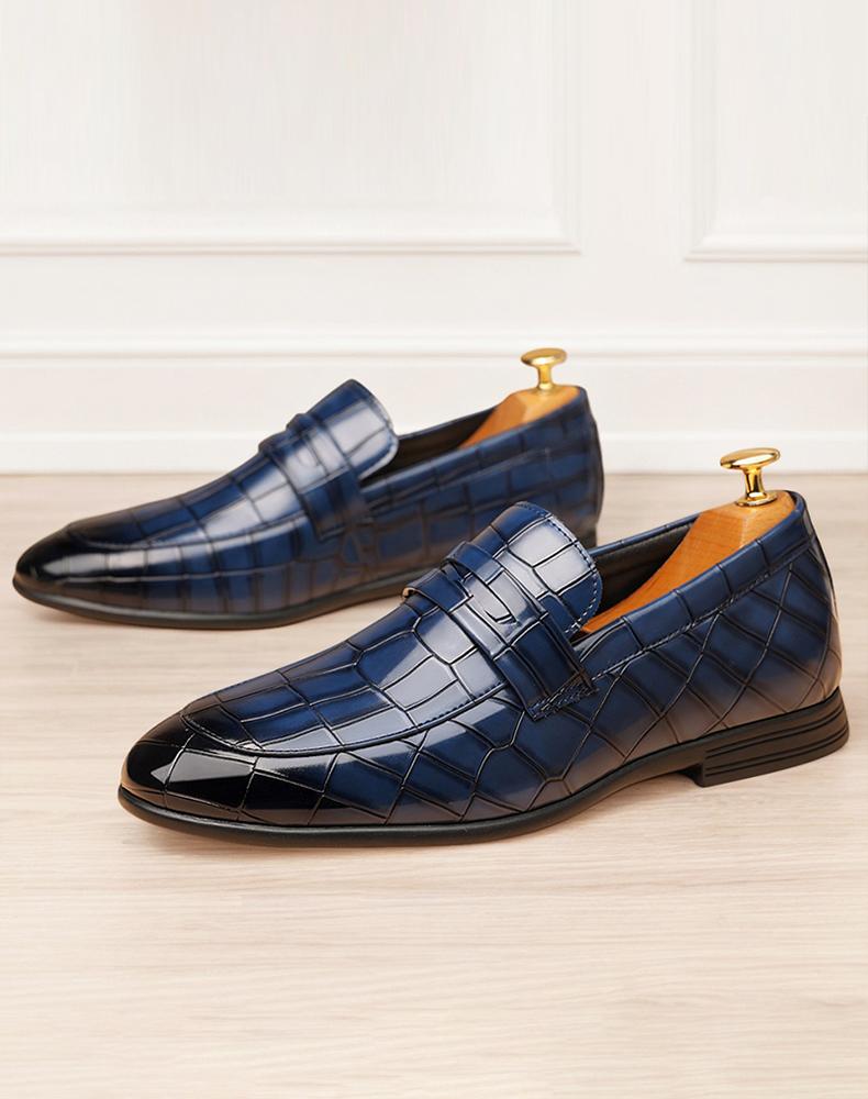 Men's Blue Croc-Embossed Penny Loafers, Formal Slip-On Leather Shoes38696
