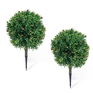 25" Artificial Olive Boxwood Topiary Ball Tree, Set of 2 Artificial Shrub Bushes with Ground Spike, Faux Evergreen Tree for Patio, Garden Decor, Plant, Decorative