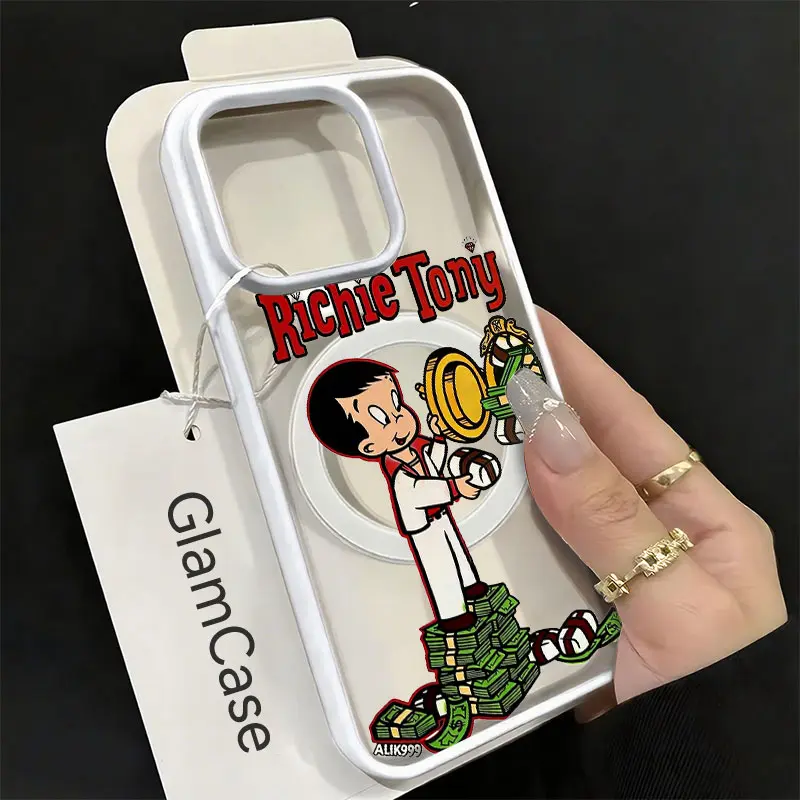 Cartoon Money Hard Acrylic Shell Cellphone Cover - Magnetic Retro Character Shockproof Handheld Device Accessory, Wireless Charging Compatible, Non-Customized Gift for iPhone 11-18 Plus Pro Max