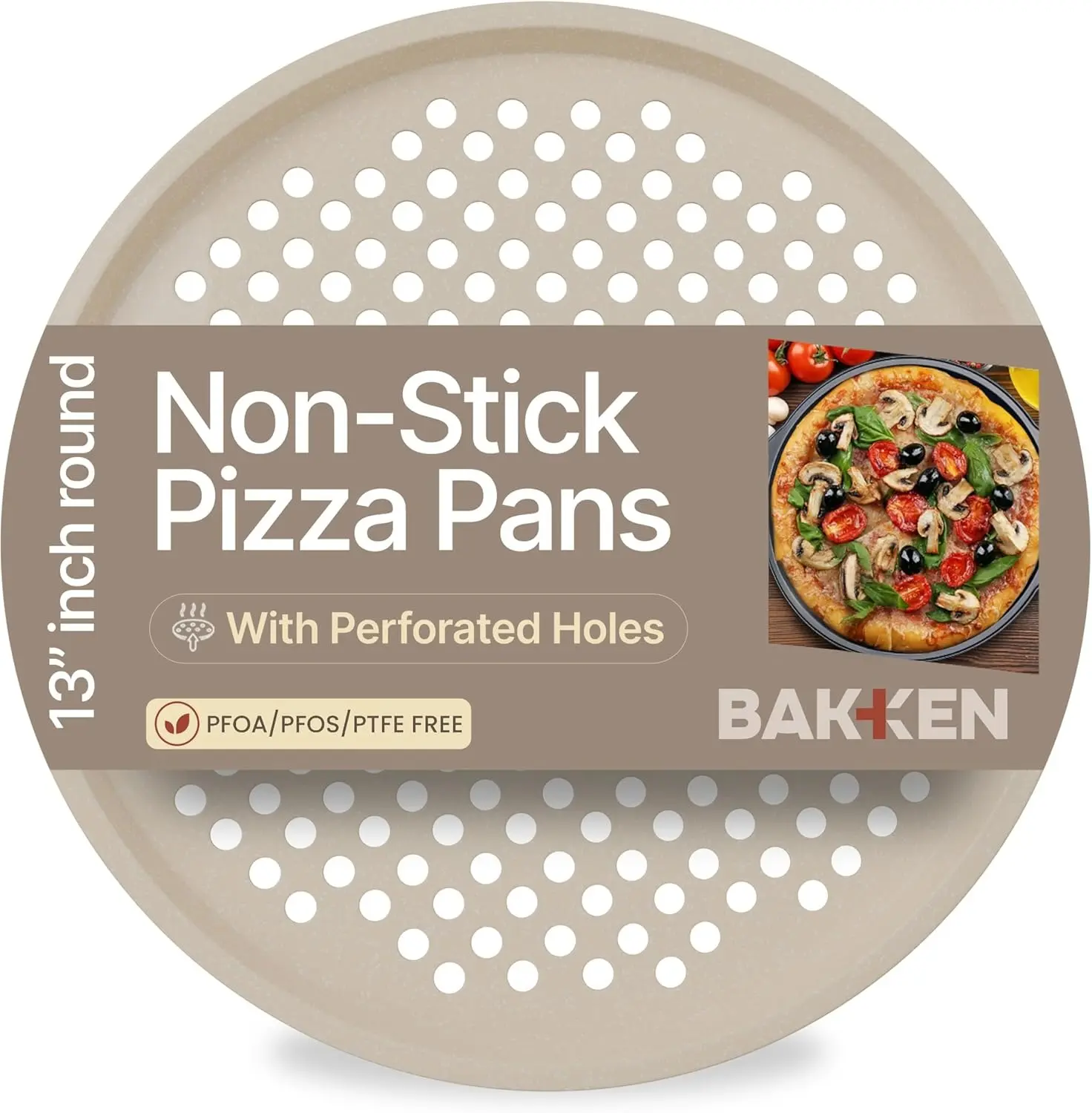 Bakken Round Perforated Carbon Steel Pizza Baking Pan - Nonstick Marble Coating, Oversized Silicone Handle, Oven-Safe, High-Temperature Resistant, Durable, Dishwasher Safe, 1 Tray, Baked