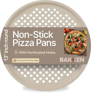 Bakken Pizza Baking Pan - Round Perforated Carbon Steel Pan with Non-Stick Marble Coating, Oversized Silicone Handle, Dishwasher Safe, High-Temperature Resistant, Durable & Easy Cleanup, 1 Tray