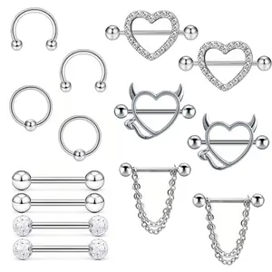 14Pcs Surgical Steel Chain Dangle Nipple Rings Barbell Piercing Jewelry Retainer for Women