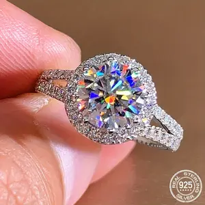 Silver 2ct moissanite engagement ring with halo setting for proposal, wedding, anniversary, and birthday unique  engagement  rings  J045