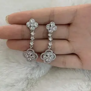 Double Four-Leaf Clover Earrings Flower Tassel Pendant Earrings for Daily Wear Wedding Engagement Christmas Anniversary Gift