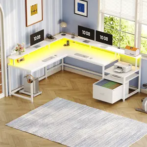 Sedeta 66-in L-Shaped Modular Gaming Desk - Durable Wood & Metal Office/Computer Desk for Bedroom, Ergonomic 2-Person Man Cave Furniture, 96.4-in Dual Monitor Riser, Dual Drawers, Sturdy Base, Assembly Required