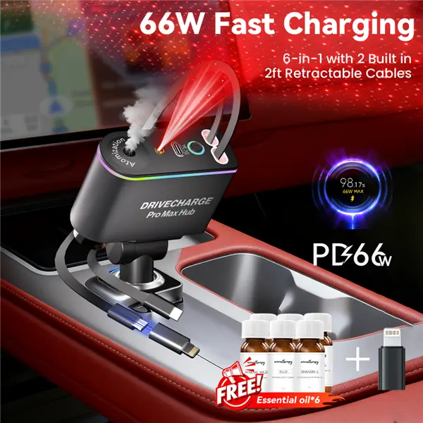 66W PD Fast Charge Smart Car Charger with Flexible Retractable Dual Type-C & Lightning Adapter, 6-in-1 Hidden Design, Aromatherapy Diffuser with Auto Essential Oil Spray, Starlight Mood Light for Cars, iPhone 17, Galaxy, Pixel, Cars Accessories