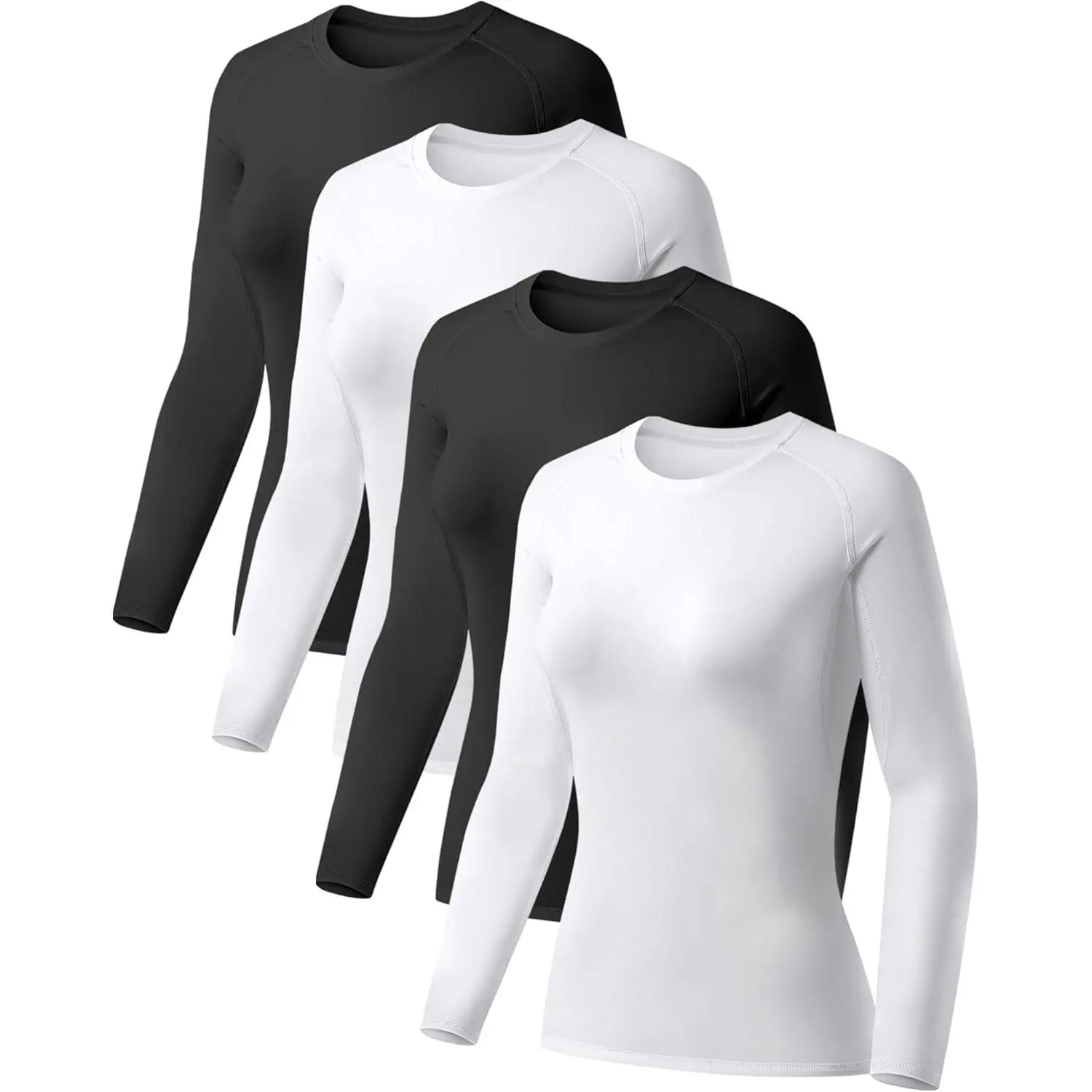 Women's Compression Workout Shirts - 4 Pack Long Sleeve Performance Baselayer Athletic Tops for Sports Fitness