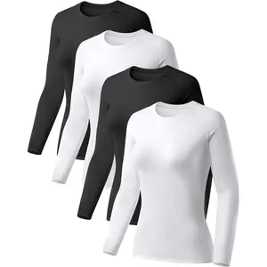 Women's Compression Workout Shirts - 4 Pack Long Sleeve Performance Baselayer Athletic Tops for Sports Fitness