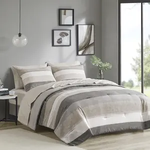 Madison Park Essentials MPE10-1038 90 x 90 x 1.5 in. Jaxon Stripe Comforter Set with Bed Sheets, Taupe & Grey - Queen Size
