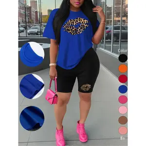 Summer New Short-Sleeve Shorts Set, Athleisure Wear Set, Sporty Graphics Lip Print, Comfortable Sports, Women's Casual Simple Versatile Outdoor Sport T-Shirt Plus Shorts Two-Piece Sports Clothes