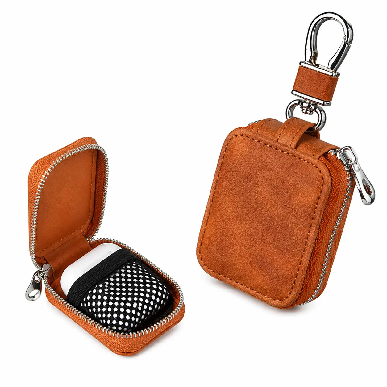 PU-Leather Universal Earbud Case for AirPods Pro, 4/3/2/1 - Hard Travel Storage Pouch, Dustproof Anti-Scratch Protector with Mesh Pocket, Card Slot & Keychain