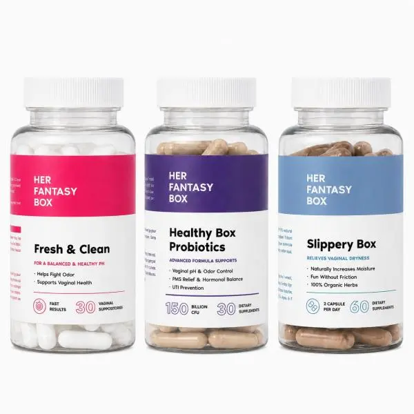 Her Fantasy Box-Ultimate Feminine Health Trio: Odor Control Probiotics, Extra Moisture Capsules & pH Boric Acid Kit