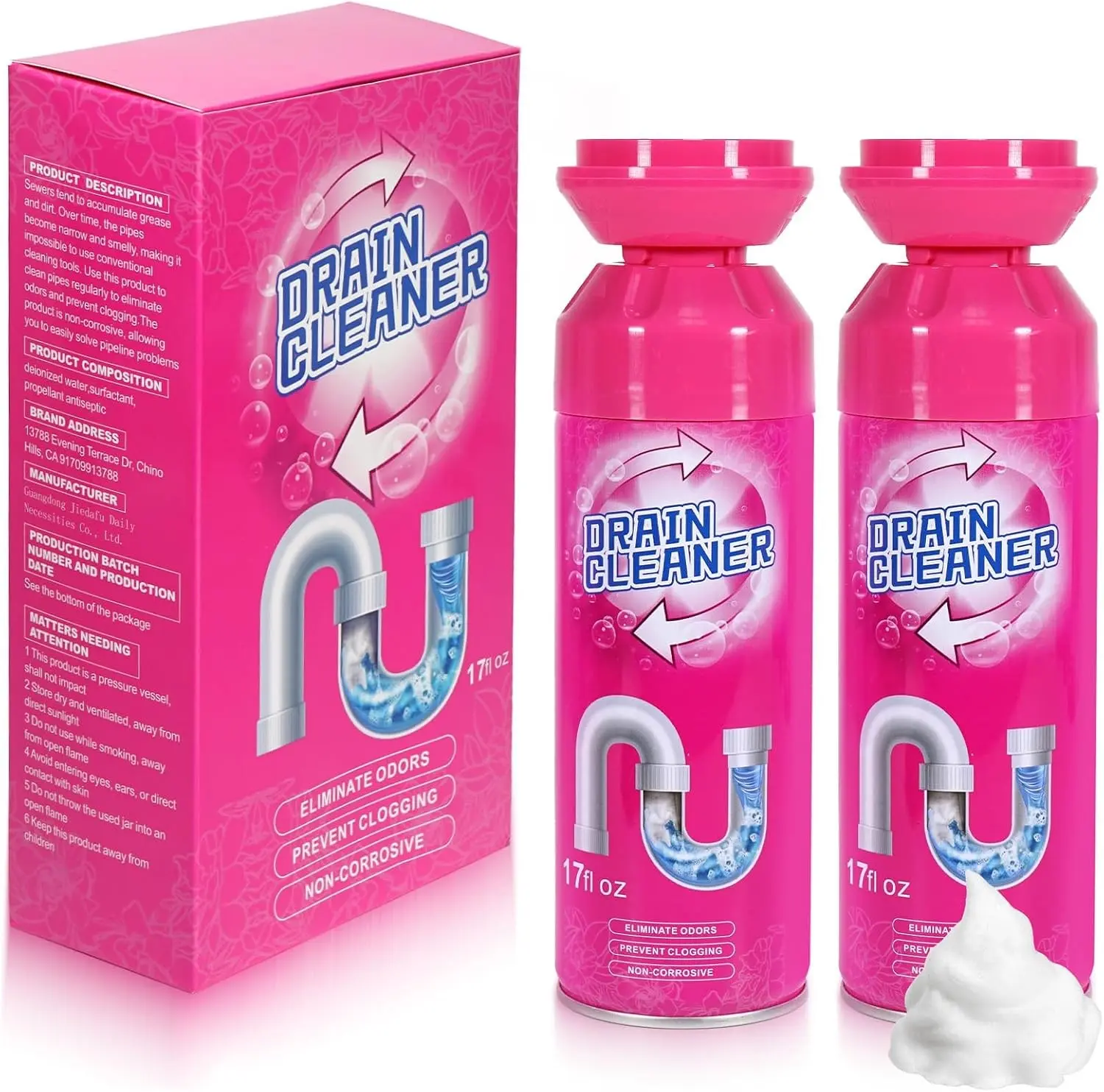 Foaming Drain Cleaner, Sink Cleaner and Deodorizer, Drain Clog Remover for Kitchen Sinks, Tubs, Shower Drains (2 Pcs)