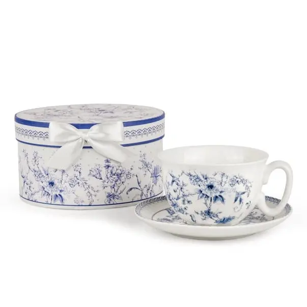 Elegant Blue Floral Porcelain Tea Cup and Saucer Set (Gift Box Included)